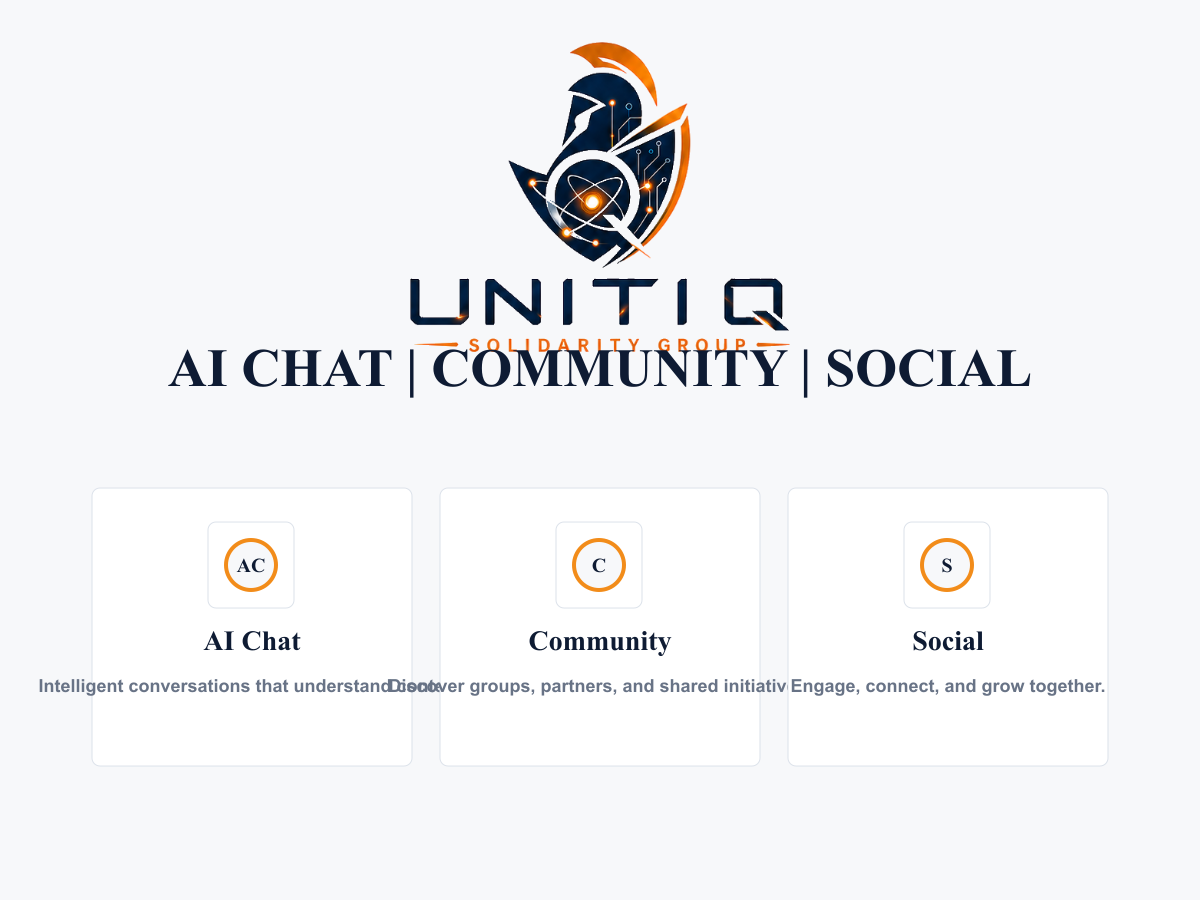 Uniti Q feature triad — AI Chat, Community, Social
